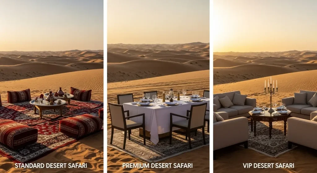 standard vs premium vs vip desert safari dubai comparison