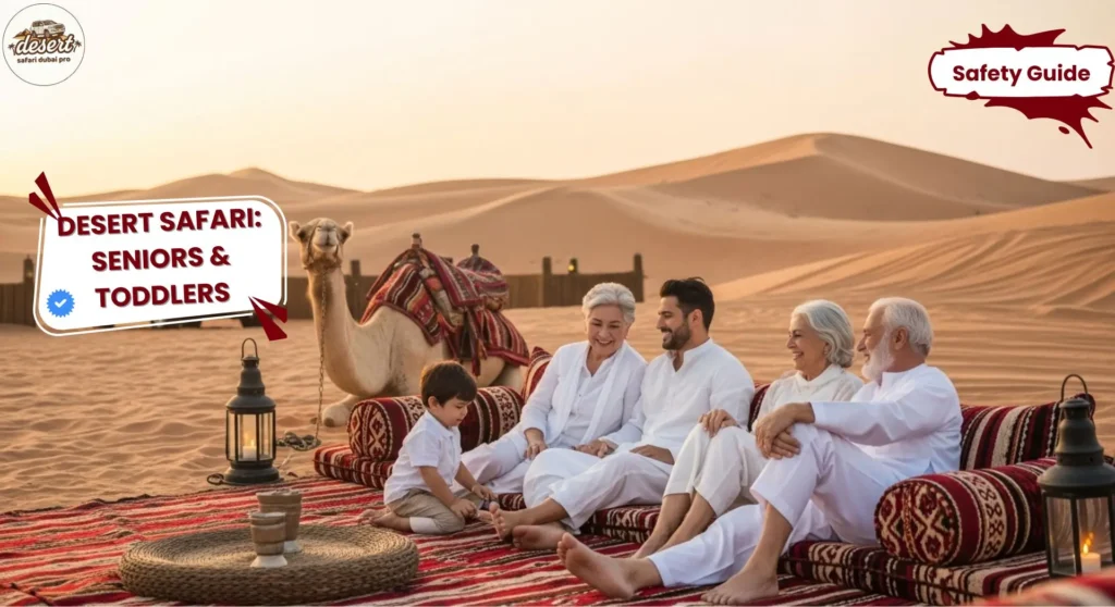 family desert safari Dubai with seniors and toddlers enjoying safe camp experience at sunset