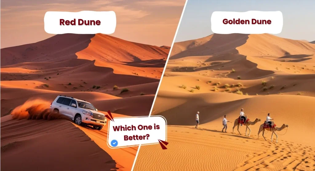 red dunes vs golden dunes Dubai comparison with dune bashing and camel ride scenes