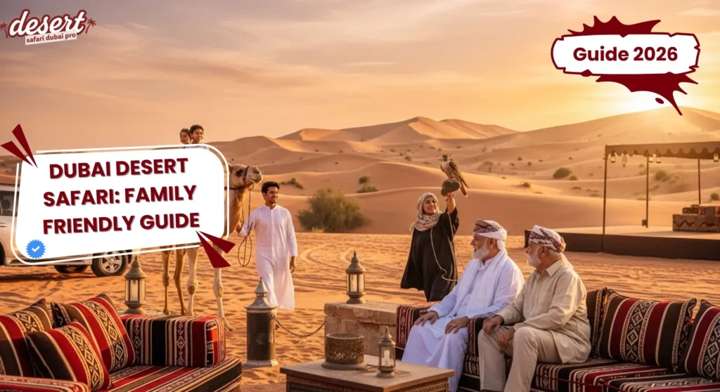 family enjoying Dubai desert safari with kids camel ride and elderly relaxing at desert camp