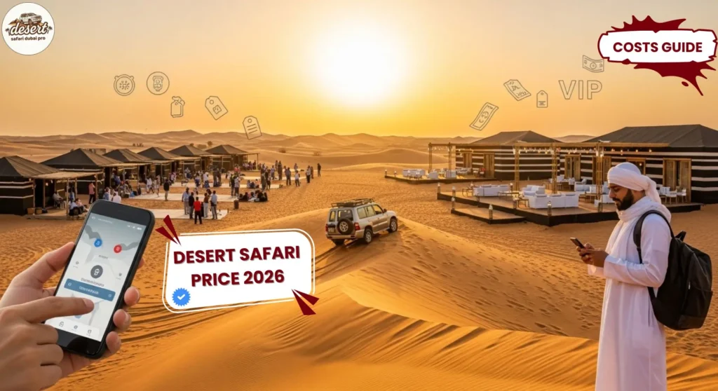 Dubai desert safari price comparison showing budget vs luxury camp and traveler choosing best deal
