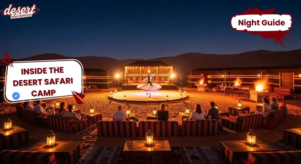 Dubai desert safari camp at night with Tanoura dance BBQ dinner and cultural shows