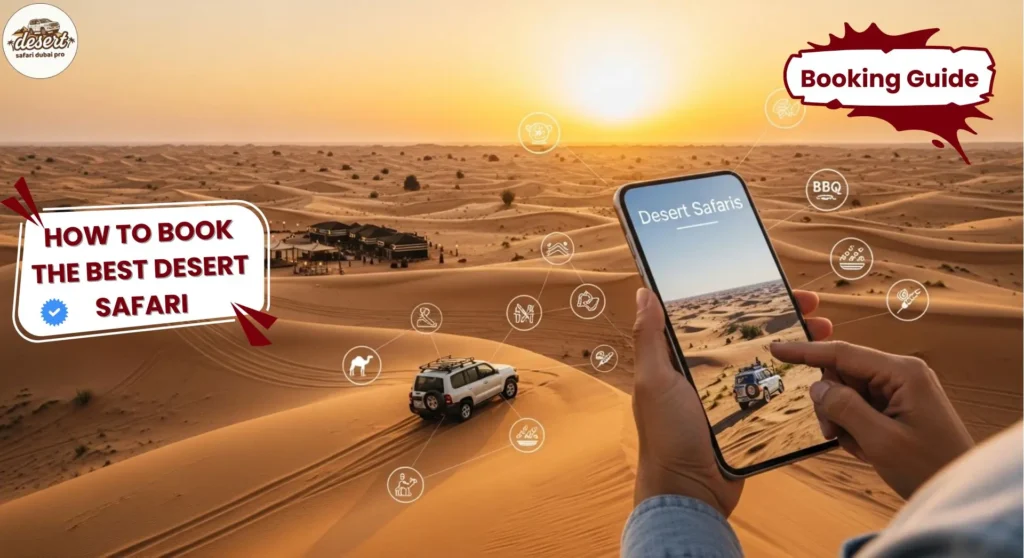 Dubai desert safari booking guide showing traveler choosing safari options with dunes and camp in background