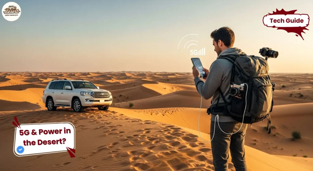tech savvy desert safari Dubai with smartphone signal power bank and dunes at sunset
