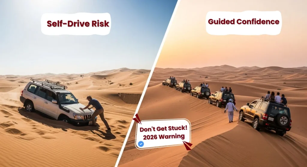 self drive vs guided desert safari Dubai showing stuck car and safe convoy experience