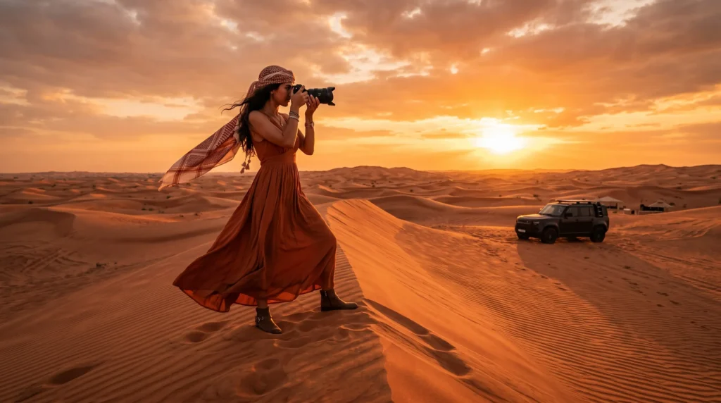 Dubai desert safari photography at sunset with traveler on red dunes and camera