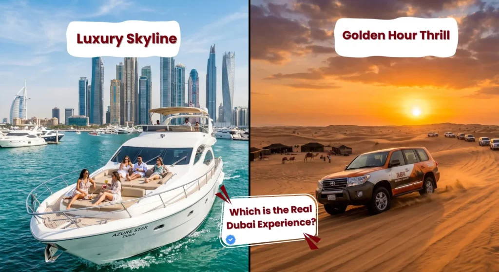 Dubai desert safari vs luxury yacht comparison with dunes and marina skyline