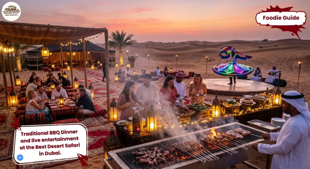 traditional BBQ dinner at Dubai desert safari camp with grilled food and live entertainmen