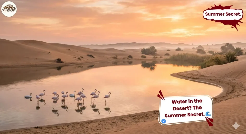 desert oasis Dubai summer sunrise lake with flamingos and calm water in sand dunes