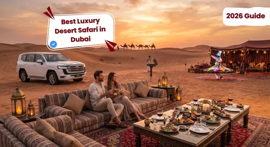 Best luxury desert safari in Dubai with VIP camp, private Land Cruiser, and 5-star BBQ dinner at sunset