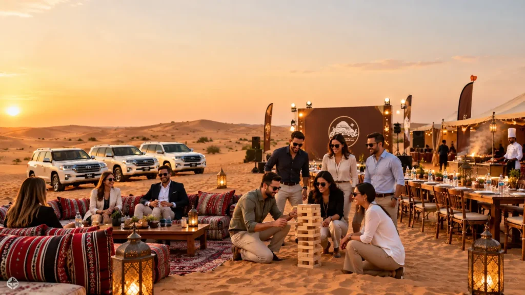 Corporate desert safari in Dubai with business teams, luxury 4x4 vehicles, and a private desert event camp.