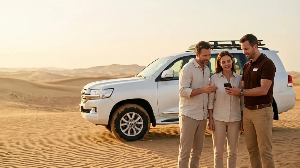 Dubai desert safari cancellation and refund policy guide with a white 4x4 and travel consultant assisting tourists.